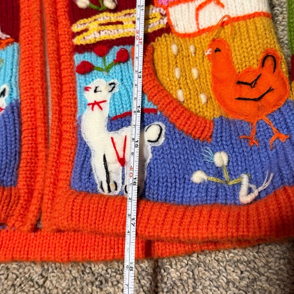 Vintage Kids Peruvian Knit Hoodie Sweater Farm Scene Llama Chicken Colorful Zip - Picture 3 of 5